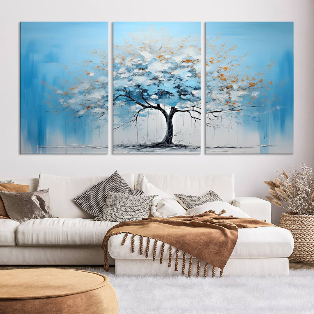 Modern living room featuring the Large Blue Abstract Tree Wall Art Canvas Printing. Enjoy the elegance with free shipping.