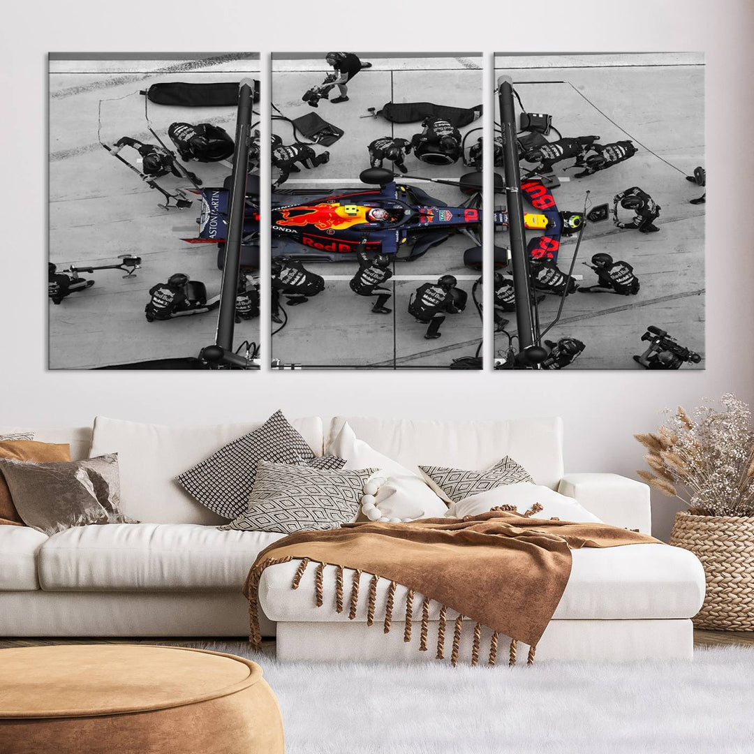 The RedBull Formula 1 Canvas Wall Art Print, a set of three gallery-quality pieces, elegantly adorns the wall.