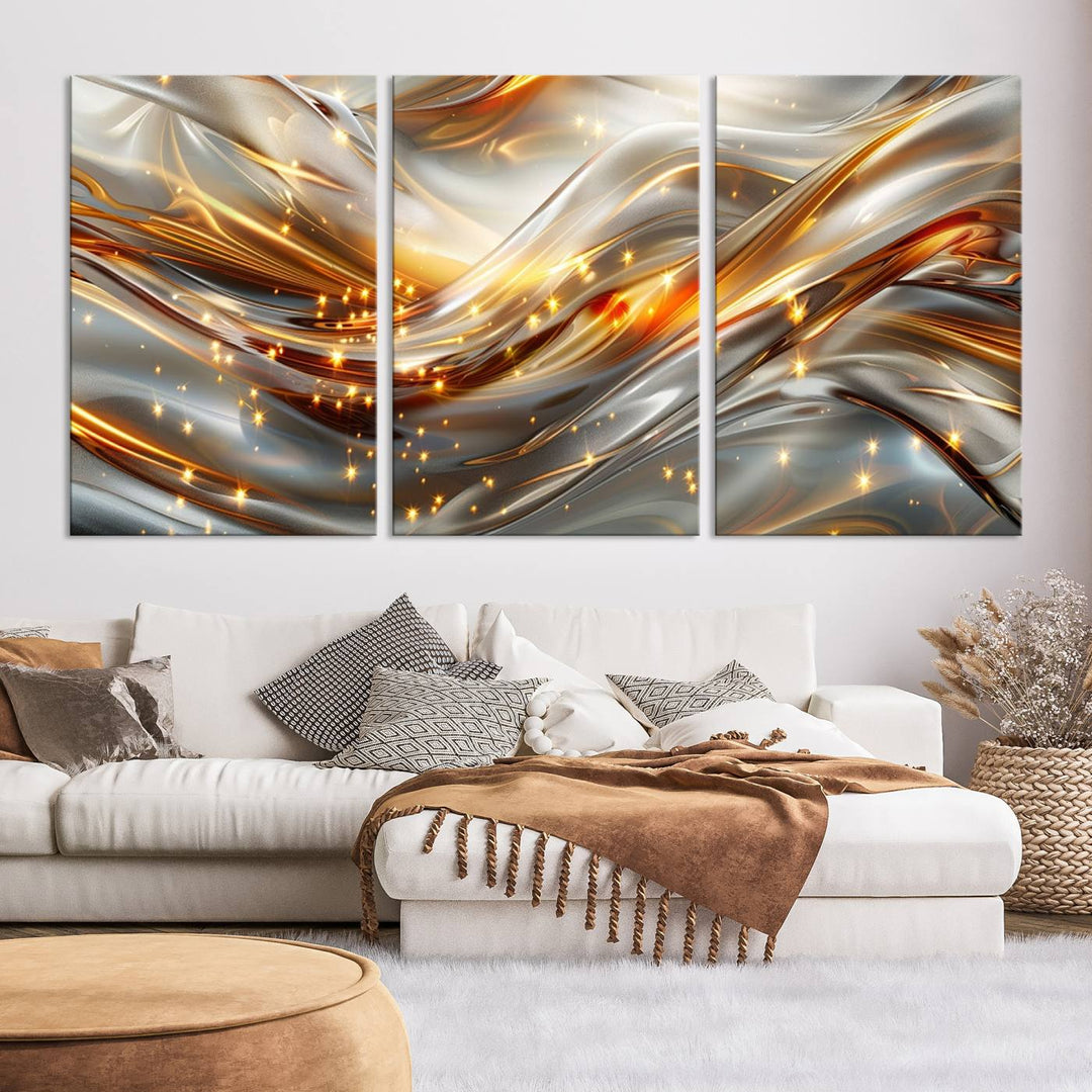 The Elegant Modern Gold Abstract Wall Art - Premium Framed Canvas Print for Home & Office Decor showcases a captivating triptych with swirling metallic designs and golden sparkles, perfectly enhancing contemporary interiors.