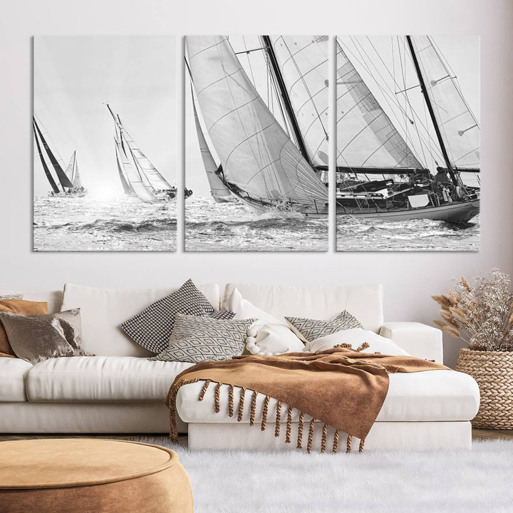 Impresión de velero Yacht Regatta lienzo pared arte Yate decoración de la pared Seascape Art Sailing Ship Negro Blanco extra grande arte de la pared Sailing Regatta