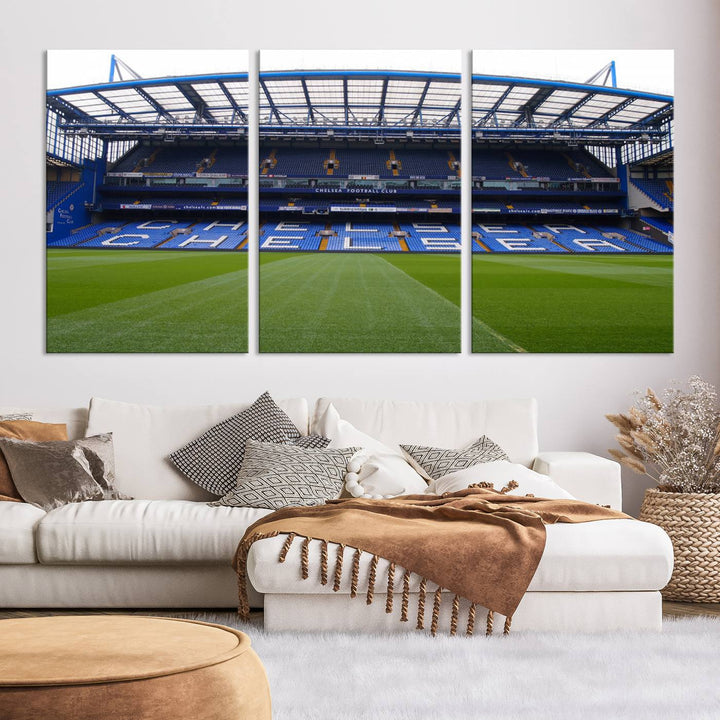 The Chelsea FC Soccer Team Print - Stamford Bridge Stadium Wall Art Canvas Print hangs elegantly, bringing the thrill of the game into your living room.