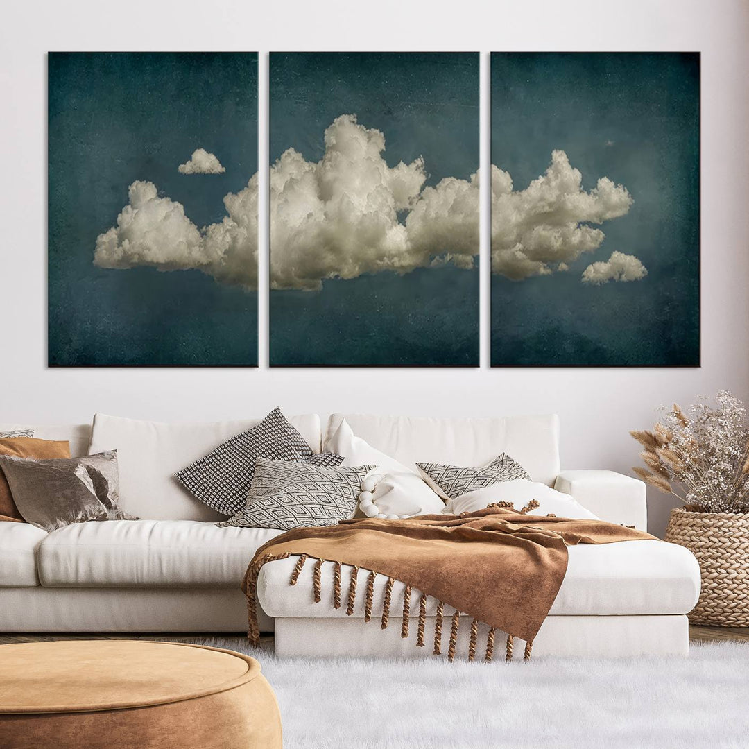 The Vintage Green Clouds Wall Art Canvas Print, set against a teal backdrop, showcases breathtaking canvas artwork with a gallery-quality finish.