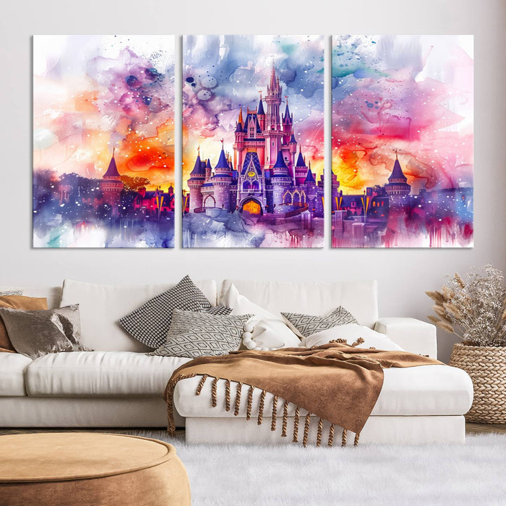 A vibrant piece of wall art depicting the Cinderella Castle from Disneyland, presented as a watercolor painting on premium canvas, is displayed.