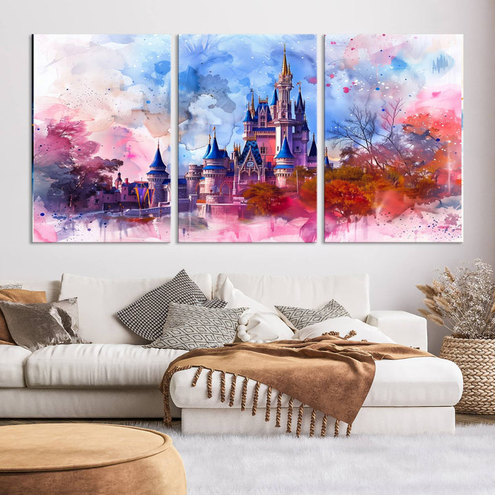 The Disney Wall Art: Dreamy Watercolor Cinderella Castle Canvas Print features a fairy-tale castle with vibrant pink, blue, and purple hues. Expertly handmade in the USA, this premium canvas wall art adds a touch of enchantment to any room.