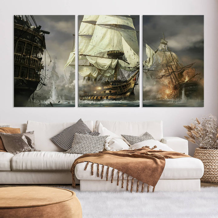 The Pirate Ship War Wall Art Canvas Print, featuring a stunning three-panel depiction of an intense sea battle with tall ships, boasts a gallery-quality finish that adds an elegant touch to its display.