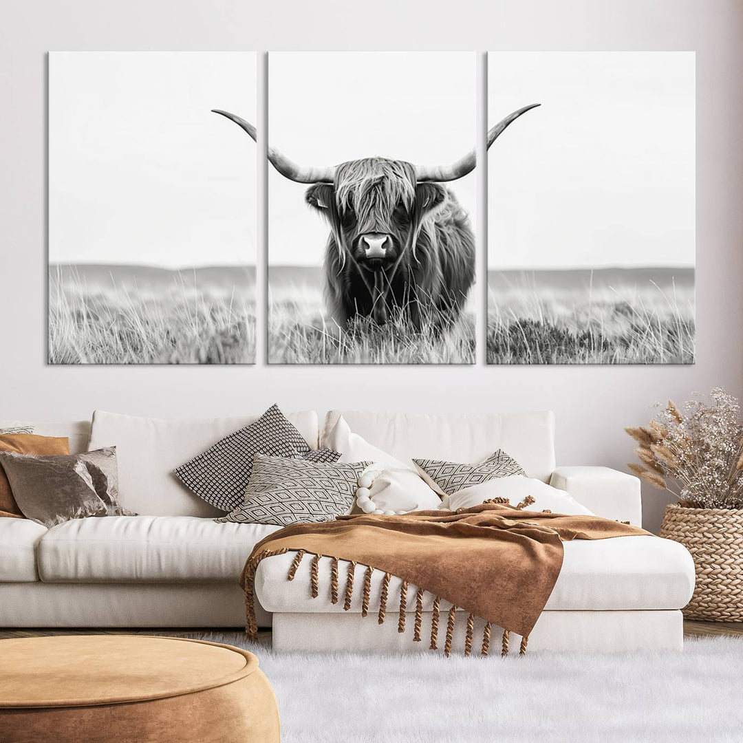 The living room is enhanced by a stunning three-panel Longhorn Wall Art Canvas Print. This museum-quality piece of Texas Longhorn Art comes on a gallery-wrapped canvas with a UV-protective coating to keep it vibrant under everyday light exposure.