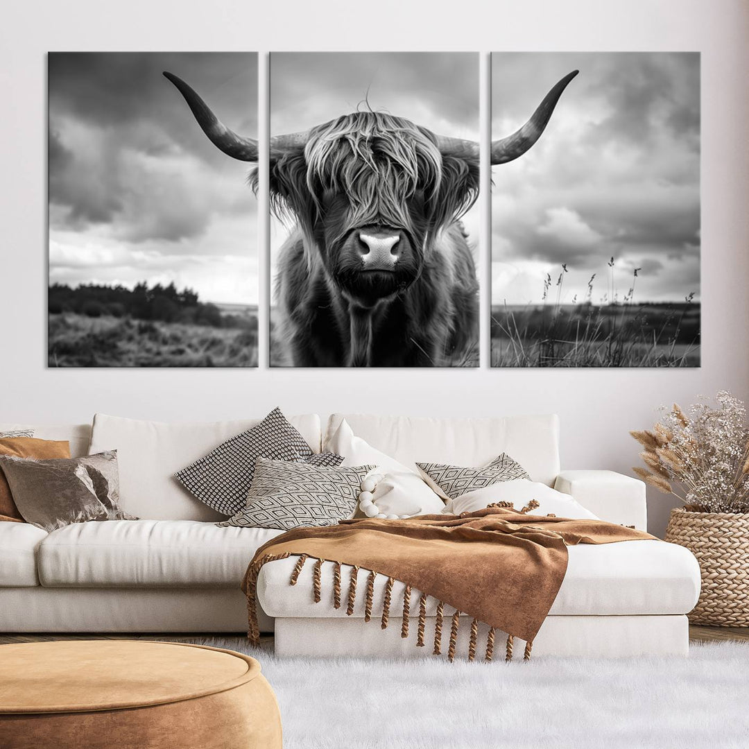 A stunning gallery-quality piece, the "Scottish Cow Wall Art Canvas Print | Longhorn Wall Art | Bighorn Animal Wall Art," depicts a Highland cow with long horns and shaggy fur. This captivating wall art elegantly enhances the space.