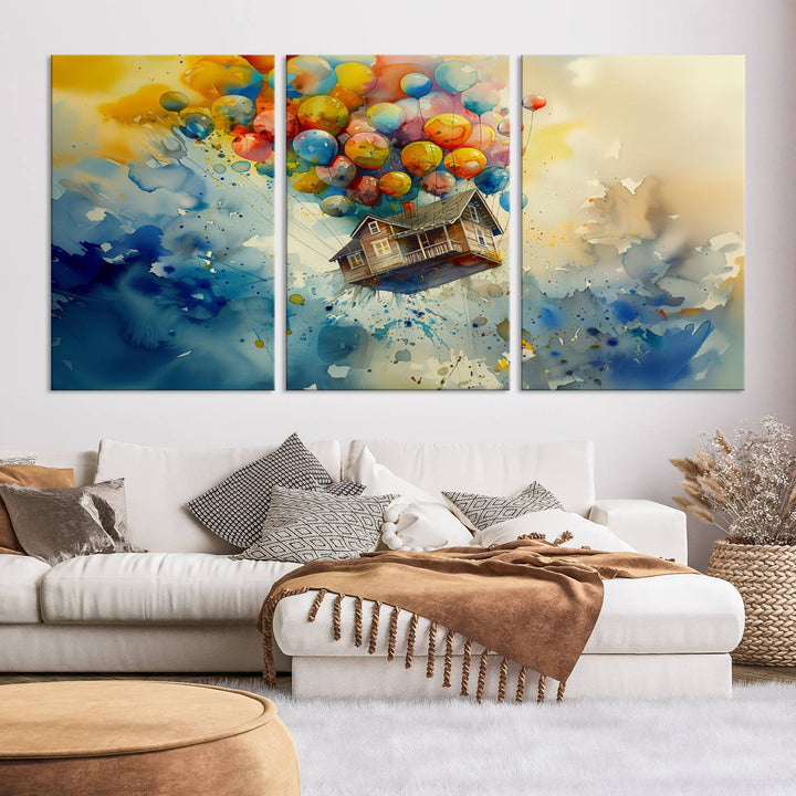 The Cartoon Movie Wall Art Canvas Print, featuring a vibrant house lifted by balloons and split across three panels, serves as captivating wall art. Handmade in the USA, it adds charm and whimsy to any space.