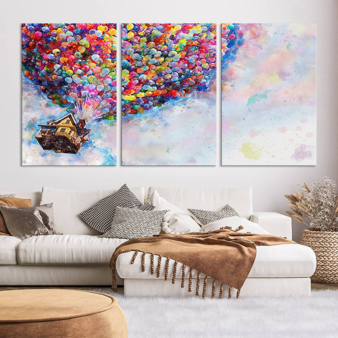 The "Watercolor Cartoon Movie Balloons Canvas Print" is showcased, depicting a whimsical house being lifted by colorful balloons. This triptych wall art is crafted on museum-quality canvases with a UV-protective coating to maintain its vibrant colors, making it ready to hang in any room.