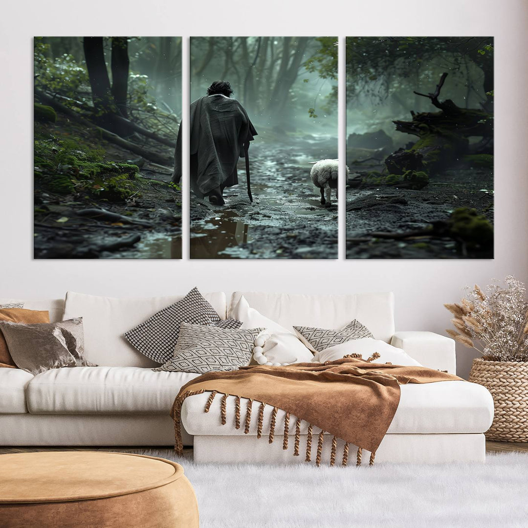 The "Forest Jesus Shepherd Canvas Wall Art" features a person with a cane, clothed in a cloak, walking beside a sheep through a misty forest. This piece captures tranquility and is ideal for adding serenity to your living room, office, or bedroom decor.