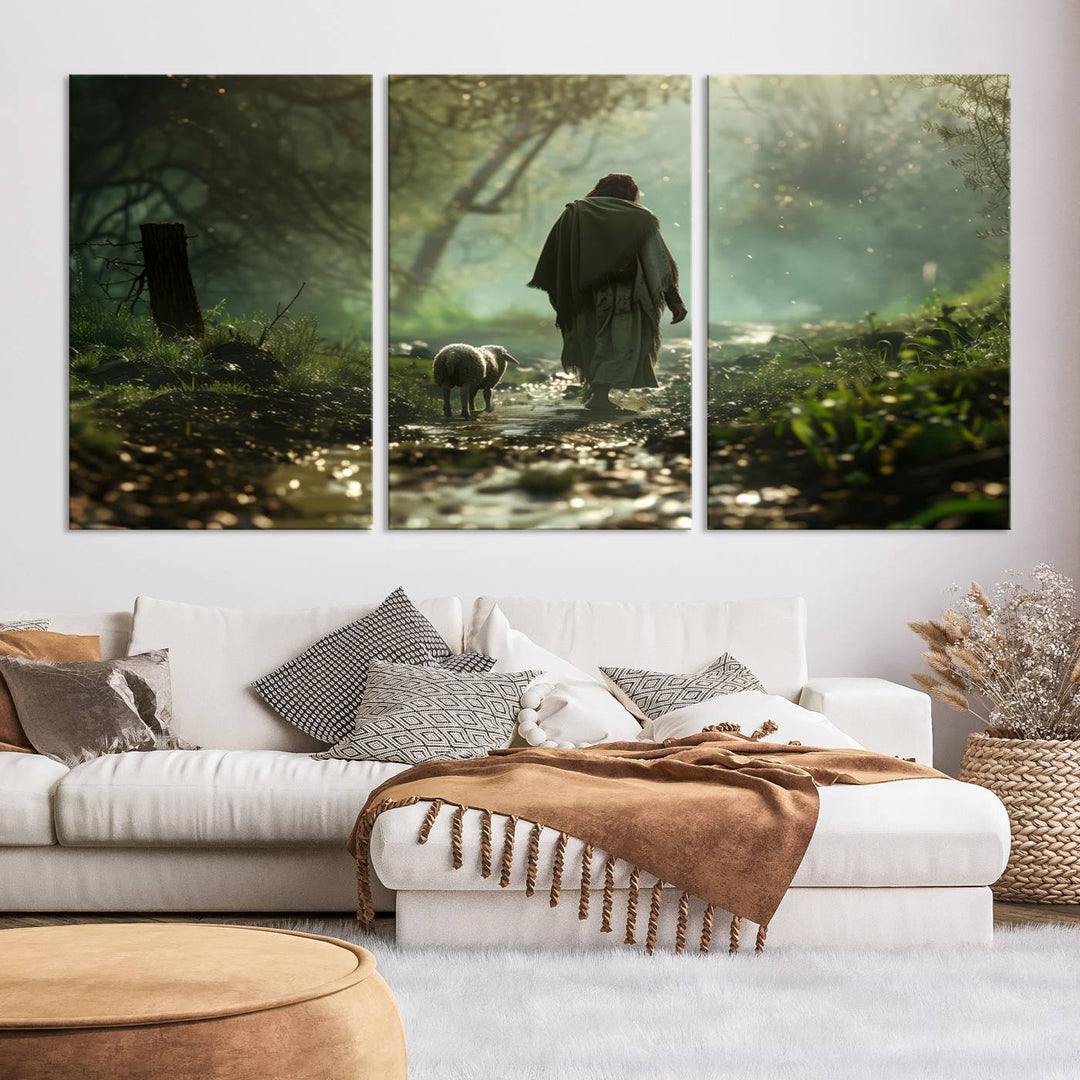 The wall art piece, titled "Jesus Shepherd a Lost Lamb Canvas Wall Art Print," is suspended on the wall and depicts a robed figure and a lamb wandering along a forest path.