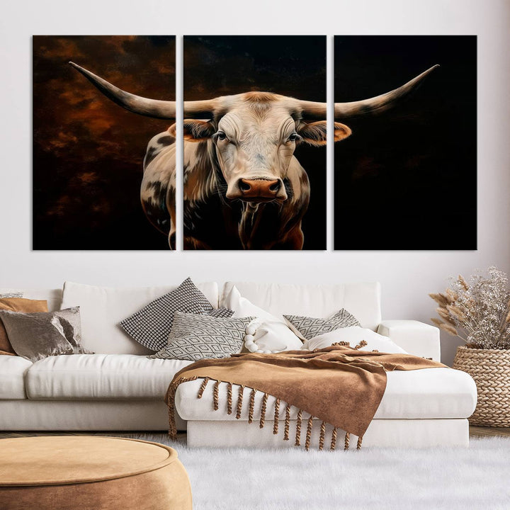 The Texas Longhorn Wall Art, a 3-panel large canvas print, infuses the room with a dash of cowboy charm.