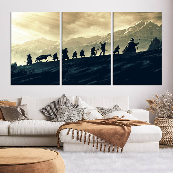 A canvas print titled "Lord of the Rings Silhouette Wall Art Capturing the Epic Quest Through Middle-Earth - The Fellowship's Journey" is displayed.