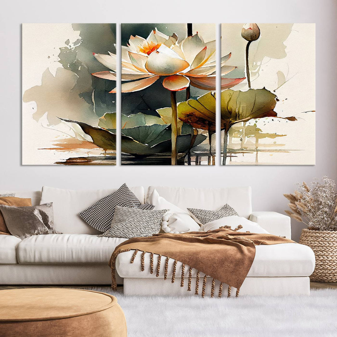 The Lotus Flower Watercolor Canvas Print, a contemporary wall art piece symbolizing serenity and growth with its soft watercolors, adorns the wall.