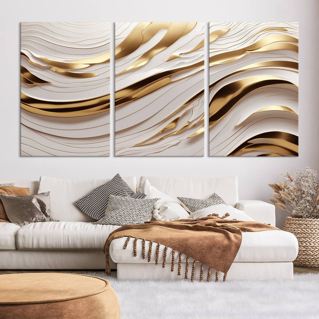 The "Gold and White Abstract Wave Canvas – Elegant Flowing Design with Luxurious Golden Accents" beautifully enhances the area and creates a stunning focal point in the room.