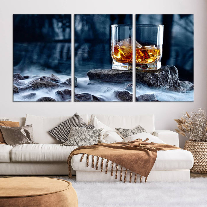 The Whiskey Ice Wall Art Canvas Print, a triptych featuring a glass of whiskey on the rocks, is crafted with a gallery-quality finish on premium canvas.