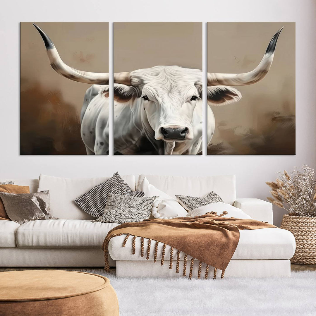 Texas Longhorn Canvas Wall Art features a triptych design on premium canvas with a gallery-quality finish.