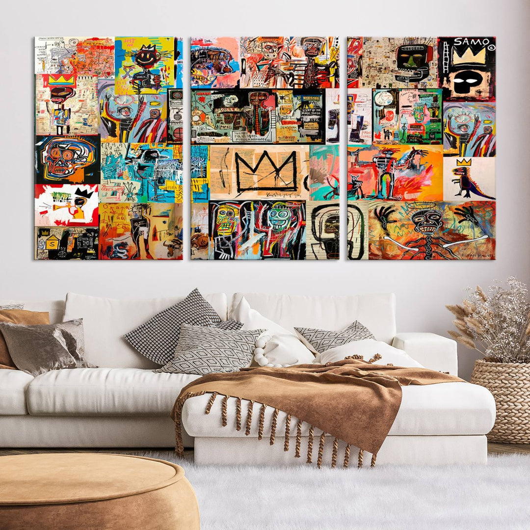 A vibrant Basquiat Art Collage Wall Art Canvas Print in an urban graffiti style adds a modern artistic flair.