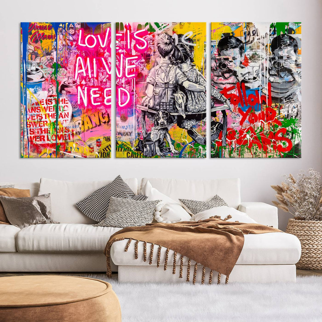 A vivid display of the "Follow Your Dreams & Love is All We Need" graffiti street art energizes a modern room with its three-panel arrangement. This bold giclee canvas print infuses any contemporary space with dynamic flair.