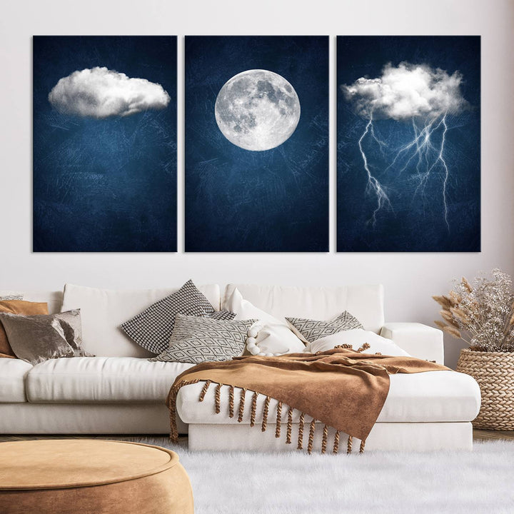 Dark Blue Cloud Art, 3 Piece Indigo Blue Wall Art, Aesthetic Surreal Art, Thunderstorm Moon Cloud Artworks 