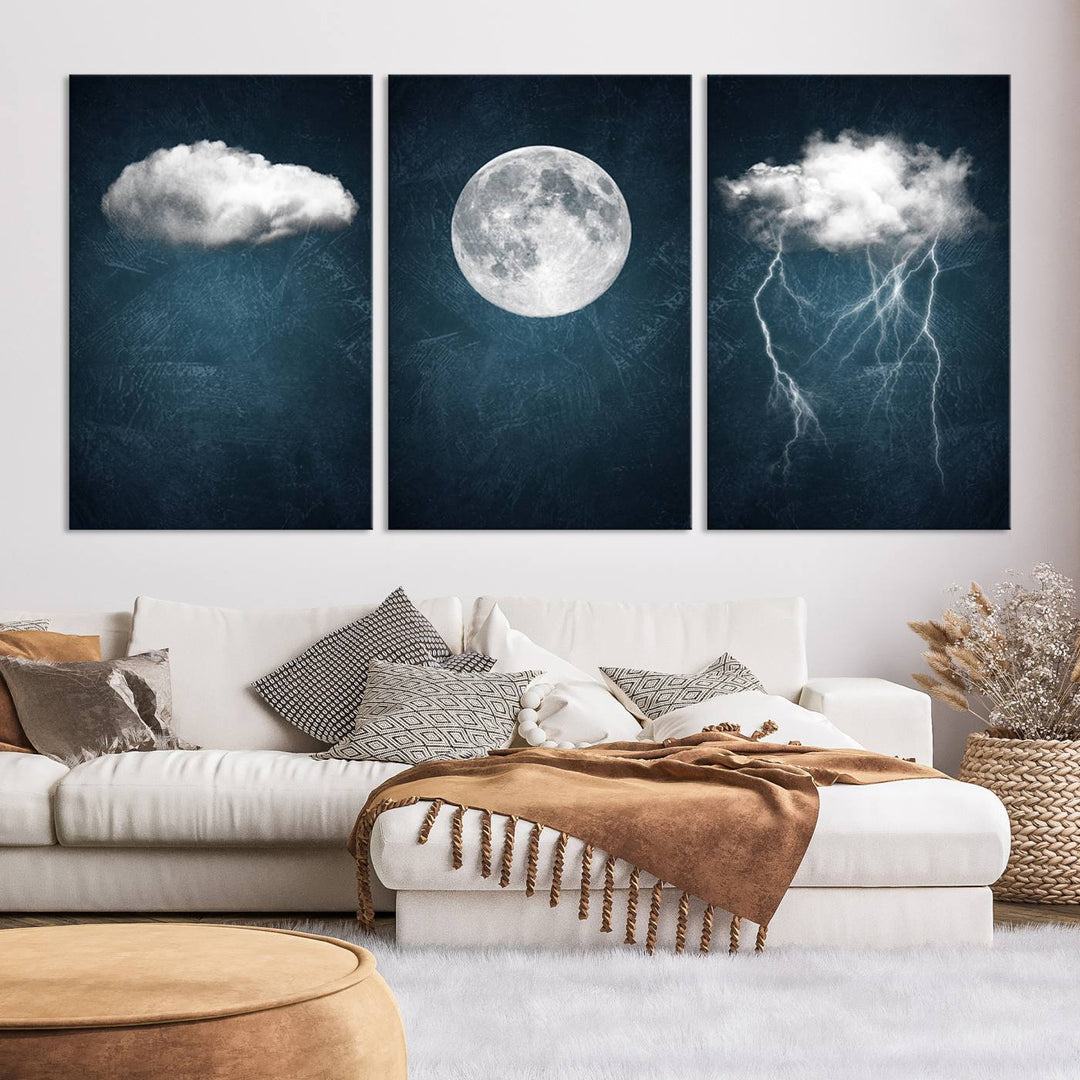 The "3 Piece Indigo Cloud Wall Art, Thunderstorm Moon Cloud Artworks" on museum-quality canvas with UV-protective coating is prominently displayed.