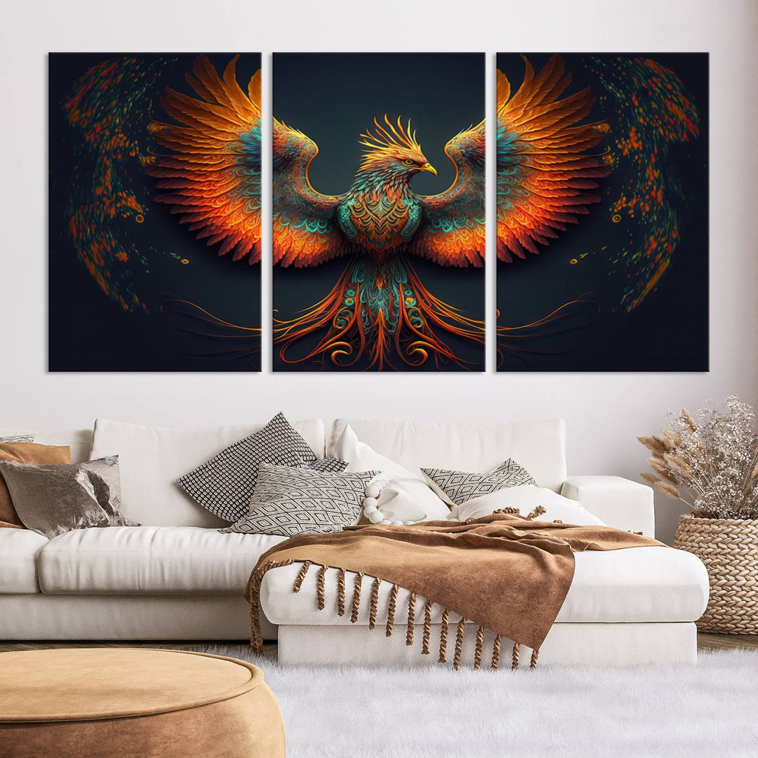 The Majestic Phoenix Wall Art Canvas Set, a fiery symbol of rebirth and strength, graces the wall.