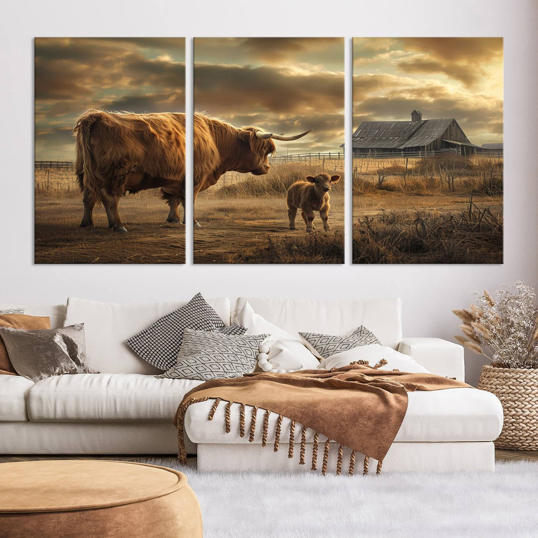 The living room features the "Highland Cow Canvas Wall Art Animal Print Pictures Fluffy Cattle Art," which captures a cow and calf in a rural sunset scene, adding gallery-quality charm.