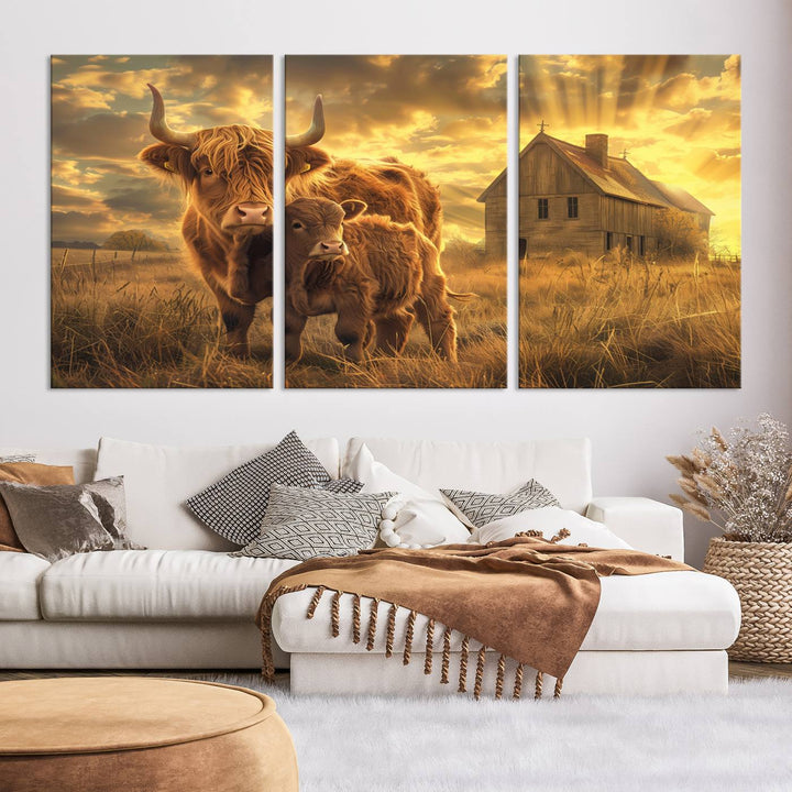 The room features the Barn and Highland Cow Canvas Wall Art Animal Print, a three-panel canvas depicting cows in a sunset field with a rustic barn backdrop. This handmade piece brings charm and character with its gallery-quality finish.