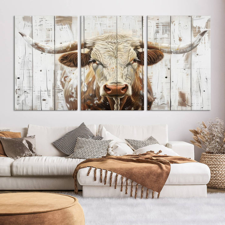 The dimly lit room is enhanced with Western charm by the Rustic Longhorn Bull Wall Art Canvas Set—Western-Inspired Farmhouse Décor, elegantly displayed on the wall.