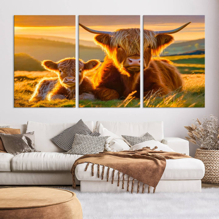 The living room showcases a gallery-quality finish with the Scottish Cow and Baby Cow Canvas Wall Art, featuring a charming animal print of fluffy cattle as the centerpiece. This stunning piece is displayed on premium canvas, creating an inviting atmosphere.