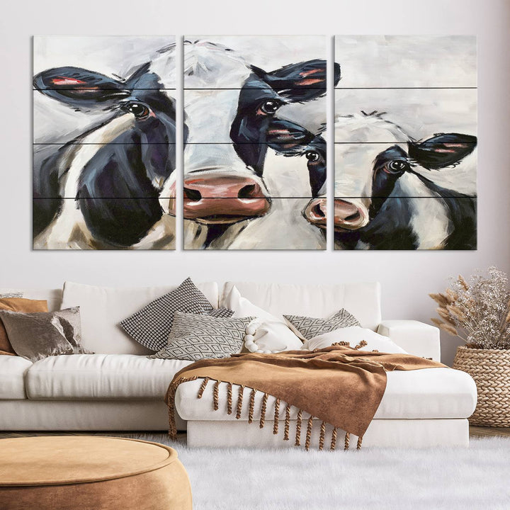 The Vintage Baby and Mom Cattle Wall Art Canvas Print is prominently displayed, adding a touch of contemporary and farmhouse decor to the modern living room.