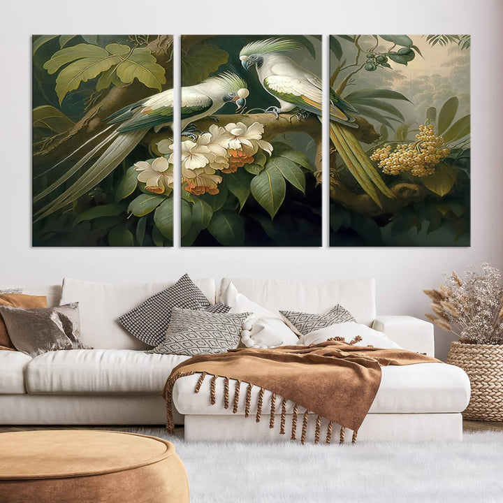 Crafted in the USA, this Tropical Paradise Print wall art features a stunning parrot amidst a lush forest and beautiful flowers.