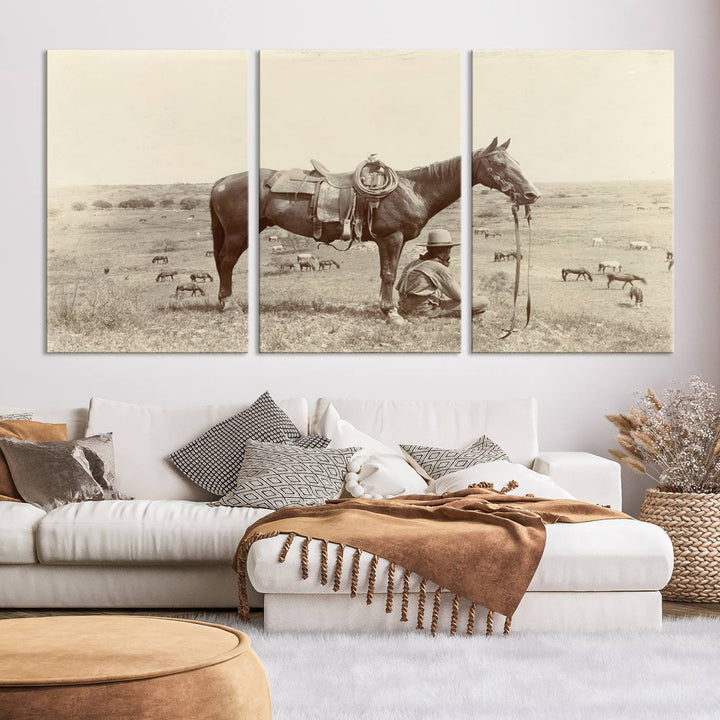 The "Serene Cowboy and Horse Resting on the Prairie" canvas print beautifully captures the essence of the American West, featuring a vintage cowboy resting under his horse in a grassy field with grazing cattle. This ready-to-hang western wall art adds a touch of nostalgia to any space.