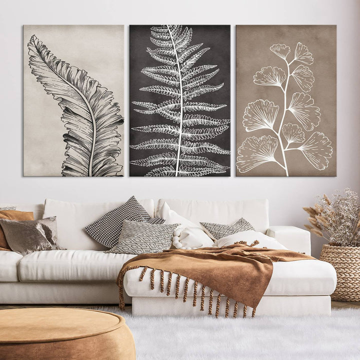 Botanical Leaf Art Collection - 3-Panel Wall Art Canvas Print, Framed and Ready to Hang - Nature-Inspired Home Decor 