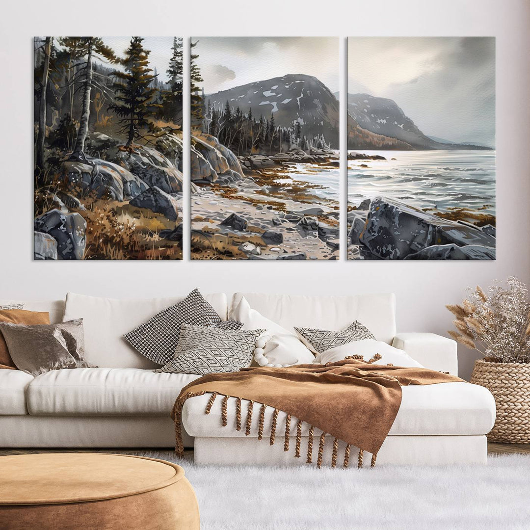 The stunning Serene Coastal View of Acadia National Park is a 3-panel wall art canvas print that beautifully captures a tranquil mountain and lake scene.