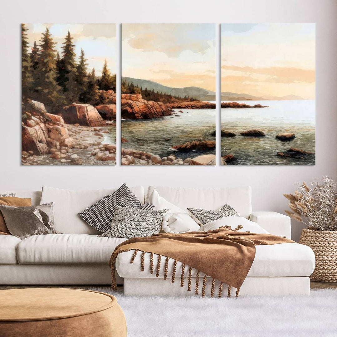 Serene Coastal View of Acadia National Park - Stunning 3-Panel Wall Art Canvas Print, Framed, Ready to Hang