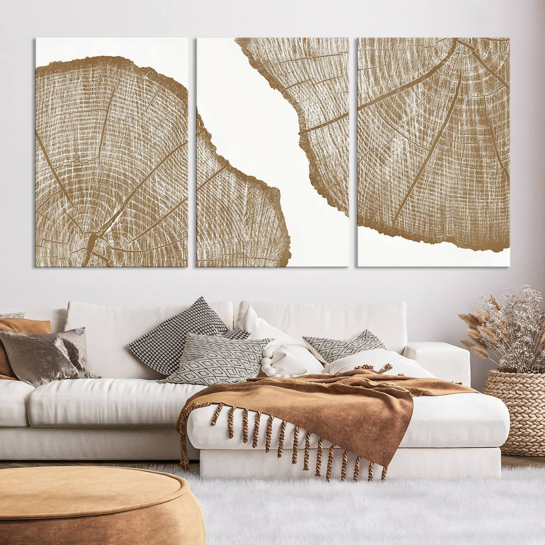 The "Rustic Brown Tree Ring Wall Art Canvas Print" in the living room adds an elegant, nature-inspired touch to the space.