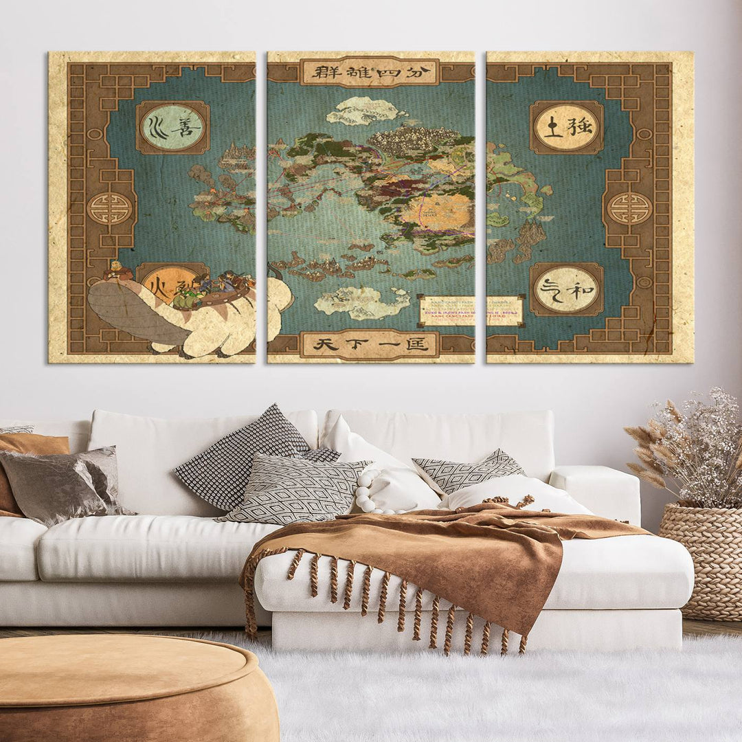 Hanging above is the Avatar: The Last Airbender Vintage Map - Wall Art Canvas Print, framed and ready to hang, showcasing an enchanting glimpse into the iconic four nations design.