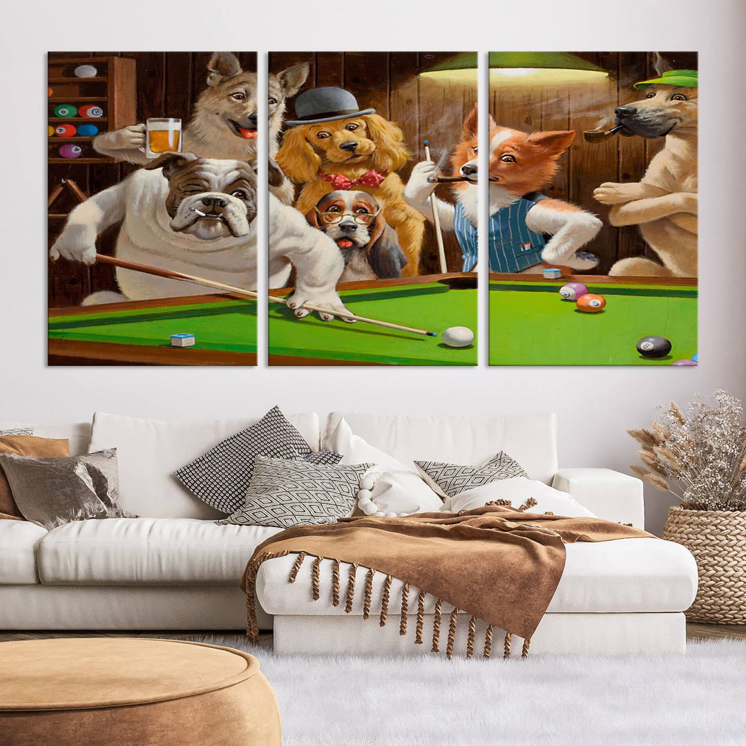 The "Dogs Playing Pool Canvas Wall Art" features a whimsical scene of dogs dressed as humans playing pool in a bar, presented as a three-panel display with a gallery-quality finish.