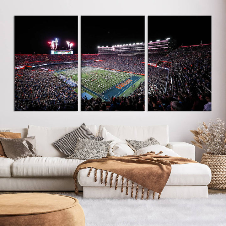 Ben Hill Griffin Stadium Night Game Triple Canvas Wall Art - Florida Gators Football Match