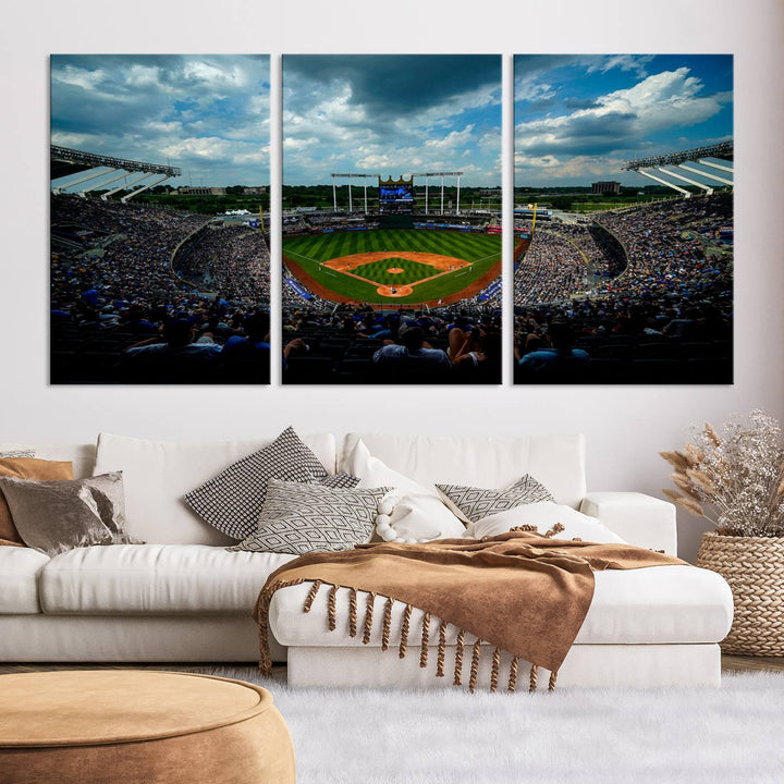 Kauffman Stadium Day Game Triple Canvas Wall Art - Kansas City Royals MLB Match