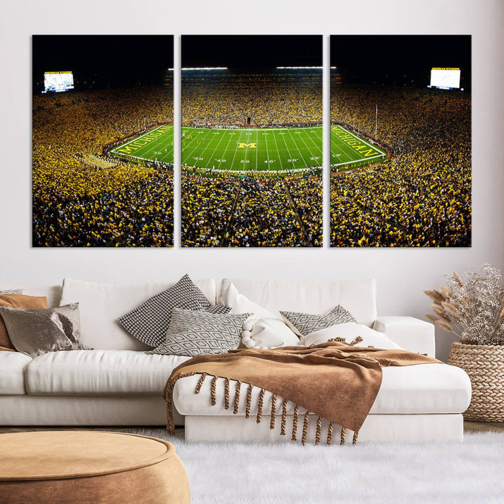 Michigan Wolverines Football Team Print - Michigan Stadium Night Game Triple Canvas Wall Art - University of Michigan Football Match