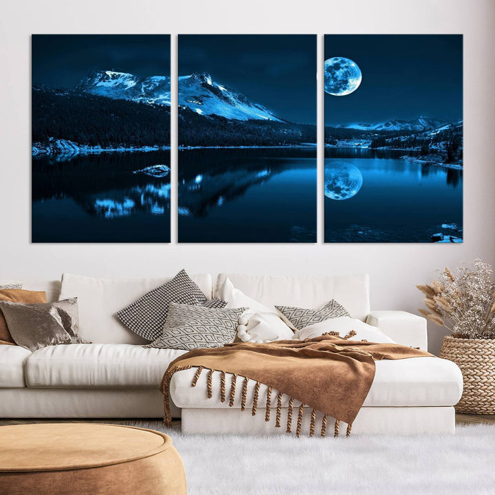 Blue Moon Mountain Lake Landscape Framed Wall Art Canvas Print