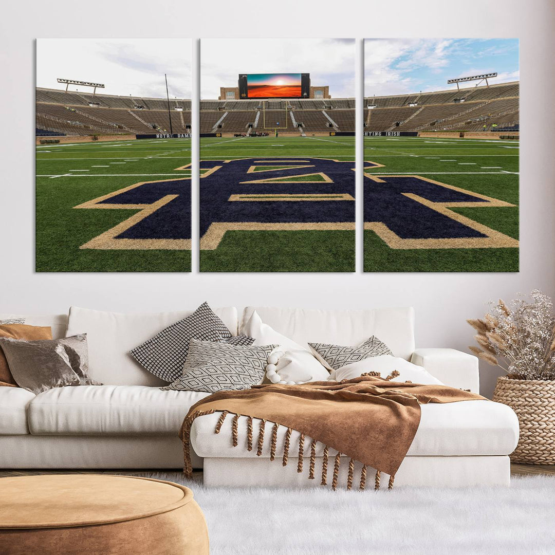 Notre Dame Stadium Giclee Canvas Print | Triptych Wall Art Featuring Iconic Notre Dame Football Field | Ready-to-Hang Sports Stadium Decor