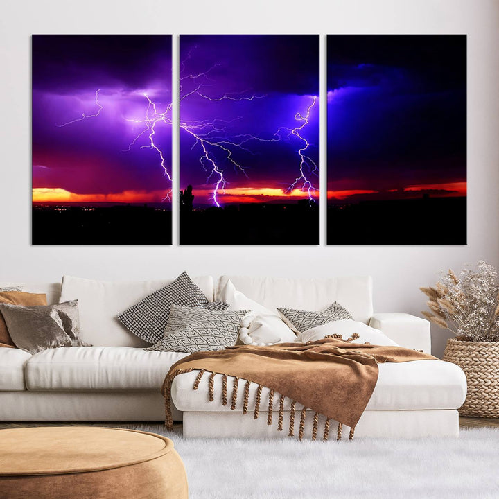 Electrifying Sunset Thunderstorm Canvas Print – Dramatic Lightning and Vibrant Sunset Wall Art