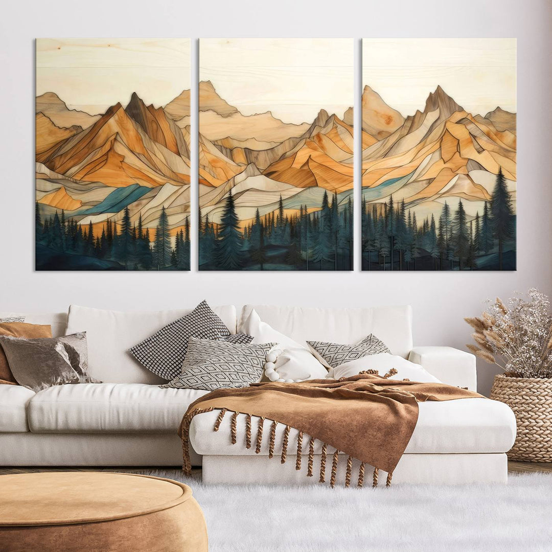 Rustic Wood Style Mountain Wall Art Print | Triptych Giclee Print Featuring Handcrafted Forest and Mountain Range Design | Framed Ready-to-Hang Print