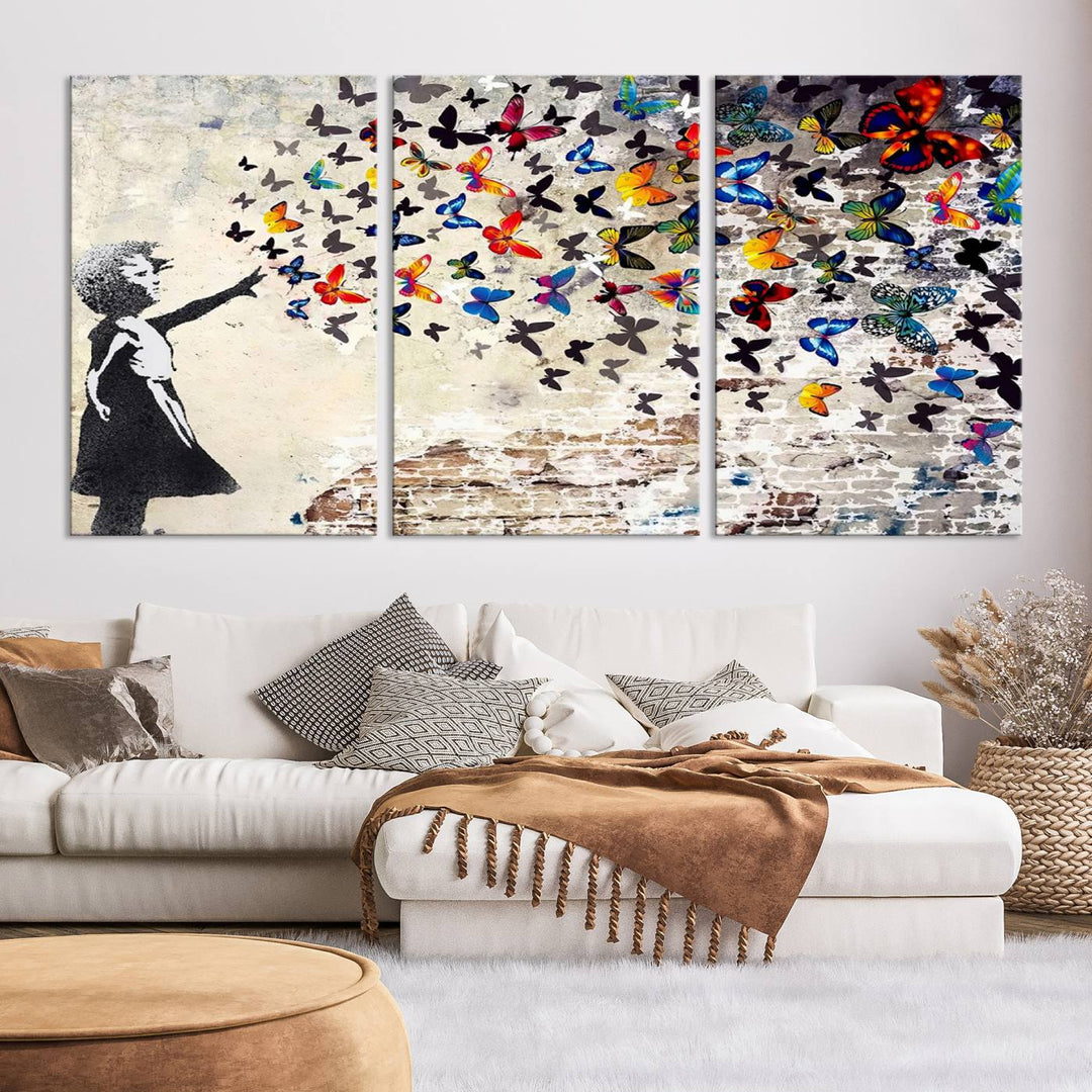 Banksy Style Girl with Butterflies Wall Art - Beautiful Framed Ready-to-Hang Triptych Canvas - Vibrant Butterfly Street Art for Modern Decor