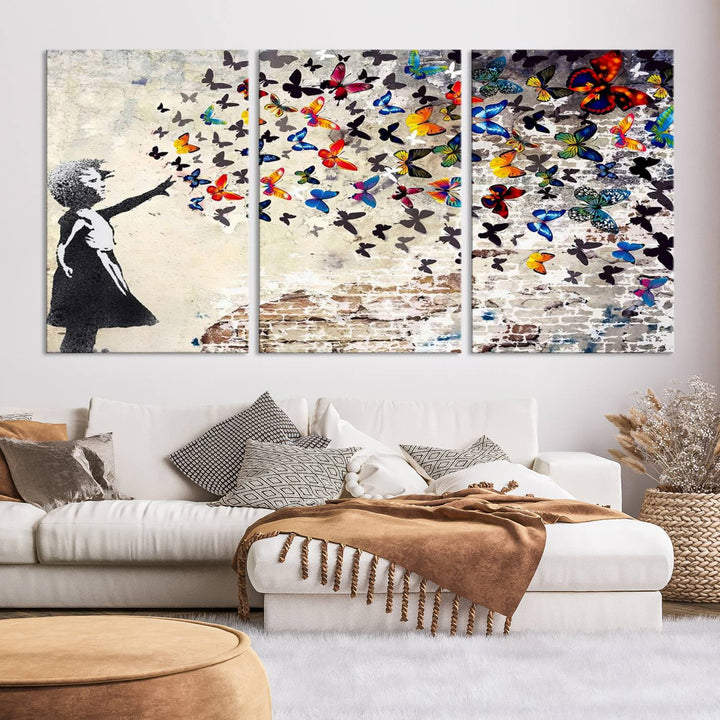 Banksy-Style Graffiti Wall Art Canvas Print: Girl Releasing Vibrant Butterflies – Ready to Hang