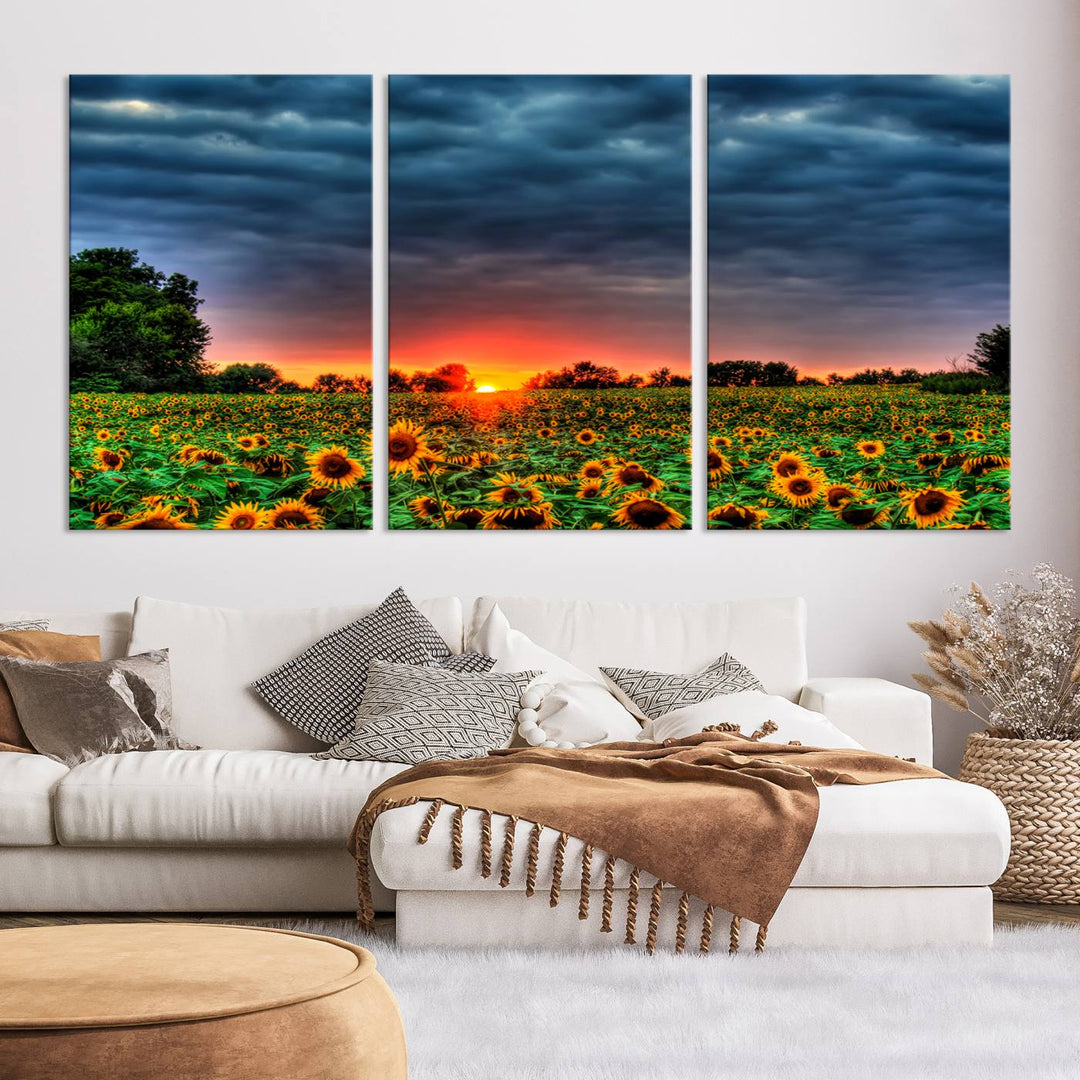 Golden Sunflower Field at Sunset – Breathtaking Sky and Vibrant Flowers, Ready to Hang Wall Art Canvas Print