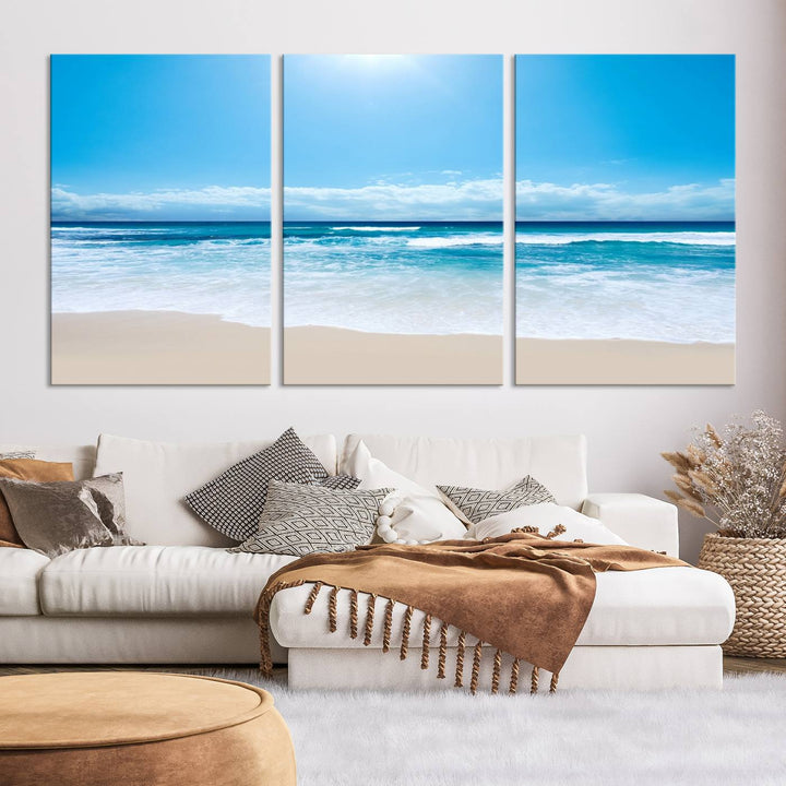 Lienzo decorativo para pared grande con estampado de mar y playa azul brillante